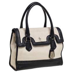 Cole Haan Cream/Black Canvas And Wingtip Leather Flap Brooke Tote 