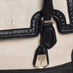 Cole Haan Cream/Black Canvas And Wingtip Leather Flap Brooke Tote 