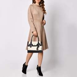 Cole Haan Cream/Black Canvas And Wingtip Leather Flap Brooke Tote 