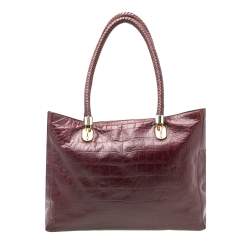 Pre Owned Cole Haan Burgundy Croc Embossed Leather Braided Handle Tote