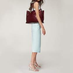Pre Owned Cole Haan Burgundy Croc Embossed Leather Braided Handle Tote