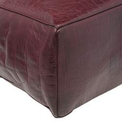 Pre Owned Cole Haan Burgundy Croc Embossed Leather Braided Handle Tote