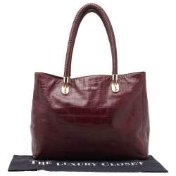 Pre Owned Cole Haan Burgundy Croc Embossed Leather Braided Handle Tote