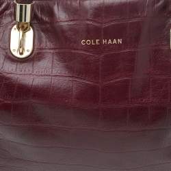Pre Owned Cole Haan Burgundy Croc Embossed Leather Braided Handle Tote