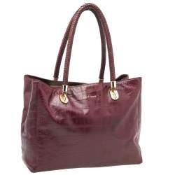 Pre Owned Cole Haan Burgundy Croc Embossed Leather Braided Handle Tote