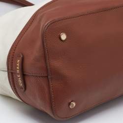 Pre Owned Cole Haan White/Brown Leather Reiley Tassel Tote