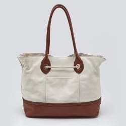 Pre Owned Cole Haan White/Brown Leather Reiley Tassel Tote