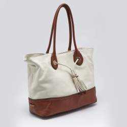 Pre Owned Cole Haan White/Brown Leather Reiley Tassel Tote