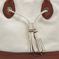 Pre Owned Cole Haan White/Brown Leather Reiley Tassel Tote