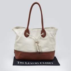 Pre Owned Cole Haan White/Brown Leather Reiley Tassel Tote