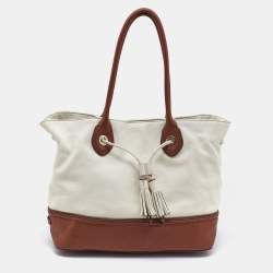 Pre Owned Cole Haan White/Brown Leather Reiley Tassel Tote