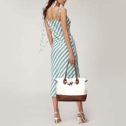 Pre Owned Cole Haan White/Brown Leather Reiley Tassel Tote