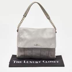 Pre Owned Cole Haan Grey Pleated Leather Flap Chain Bag