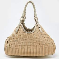 Cole Haan Beige/Gold Woven Canvas and Leather Satchel