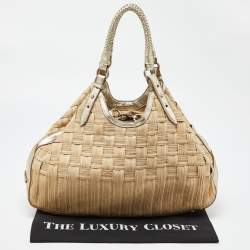 Cole Haan Beige/Gold Woven Canvas and Leather Satchel