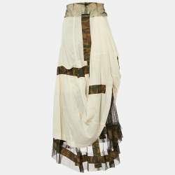 Comme des Garçons Cream Cotton & Military Printed Trim Detail Midi Skirt M