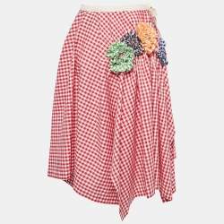 Pre Owned Comme des Garcons Red Floral Applique Gingham Cotton Asymmetric Wrap Skirt S