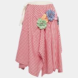 Pre Owned Comme des Garcons Red Floral Applique Gingham Cotton Asymmetric Wrap Skirt S