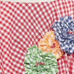 Pre Owned Comme des Garcons Red Floral Applique Gingham Cotton Asymmetric Wrap Skirt S