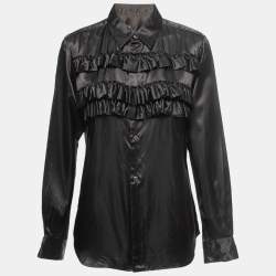 Pre Owned Comme des Garcons Black Satin Ruffled Button Front Shirt L