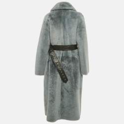 Pre Owned معطف كومون ليجر جلد وشيرلينج أزرق بحزام مقاس صغير