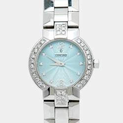 Pre Owned Concord La Scala 14.G4.1843 Powder Blue Dial Stainless Steel Diamond Women's Wristwatch 26 mm