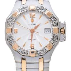 Pre Owned Concord Silver White 18K Rose Gold Stainless Steel Diamond Saratoga 24.E1.1855 Women's Wristwatch 28 mm