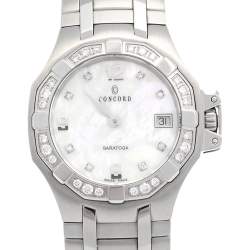 Pre Owned Concord Mother of Pearl Stainless Steel Diamonds Saratoga 14.E1.1855 S Women's Wristwatch 28 mm