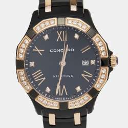 Pre Owned Concord Black Diamond 18k Rose Gold PVD Coated Stainless Steel Saratoga 02.3.68.1117S Women's Wristwatch 31 mm