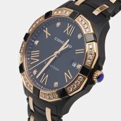 Pre Owned Concord Black Diamond 18k Rose Gold PVD Coated Stainless Steel Saratoga 02.3.68.1117S Women's Wristwatch 31 mm