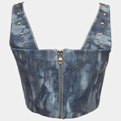 Pre Owned Copurs Blue Tencel Belt Detail Crop Top M
