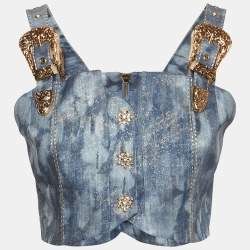 Pre Owned Copurs Blue Tencel Belt Detail Crop Top M
