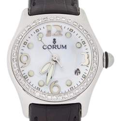 Corum White Stainless Steel & Leather Diamond Bubble 39.250.20 Women's Wristwatch 36 mm