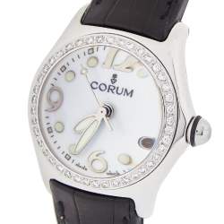 Corum White Stainless Steel & Leather Diamond Bubble 39.250.20 Women's Wristwatch 36 mm
