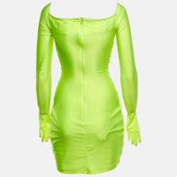 Pre Owned Richard Quinn Neon Green Jersey Glove Detail Ruched Mini Dress S