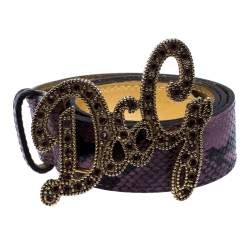 D&G Purple Snake Embossed Leather Crystal Embellished Logo Buckle Belt Size 90
