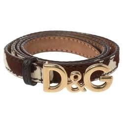 D&G Brown/White Cow Print Calfhair and Leather Logo Belt 100CM