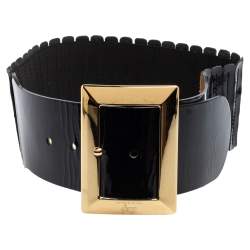 Pre Owned D&G Black Patent Leather Elastic Band Buckle Waist Belt 90CM