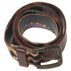 Pre Owned D&G Brown Leopard Print Calf Hair and Leather Buckle Belt 85CM