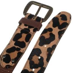 Pre Owned D&G Brown Leopard Print Calf Hair and Leather Buckle Belt 85CM