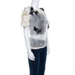 Pre Owned D&G Cream Silk Organza Butterfly Applique Detail Sheer Blouse M