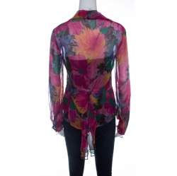 Pre Owned D&G Multicolor Printed Silk Bow Neck Tie Detail Long Sleeve Blouse M