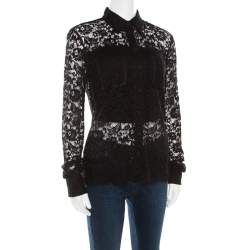 Pre Owned D&G Black Floral Lace Long Sleeve Button Front Scalloped Bottom Shirt S