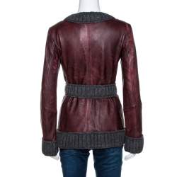 D & G Burgundy Lamb Leather Rib Knit Trim Jacket M