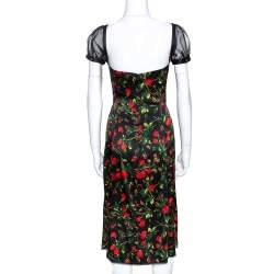 Pre Owned D&G Black Floral Print Stretch Satin Tulle Sleeve Corset Dress M
