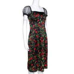 Pre Owned D&G Black Floral Print Stretch Satin Tulle Sleeve Corset Dress M