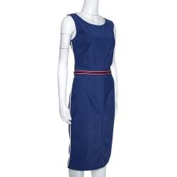 Pre Owned D&G Blue Synthetic Grosgrain Trim Detail Midi Dress L