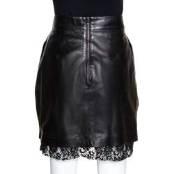 Pre Owned D&G Black Lamb Leather Lace Trim A Line Skirt S