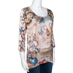 D&G Beige Abstract Printed Stretch Silk Long Sleeve Top M