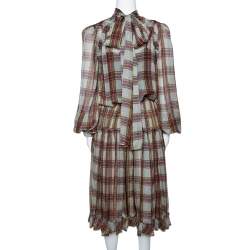 D&G Grey Plaid Print Silk Ruffled Midi Dress M